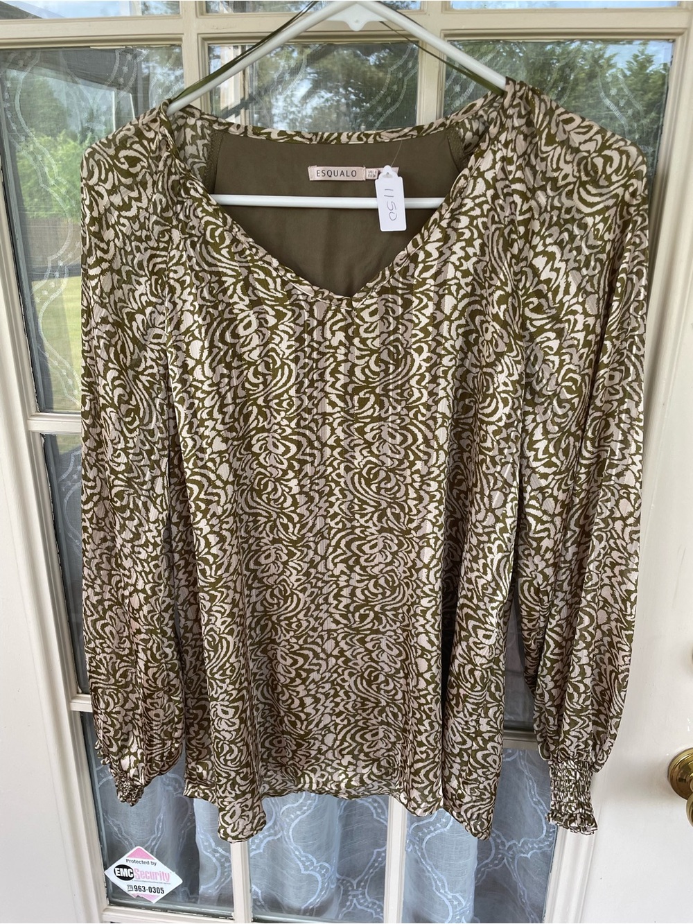 EsQualo Olive Cream Gold Stripe Floral Print Blouse Smocked Cuffs Women’s Size 6